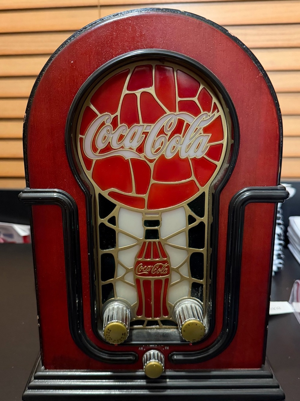 Coca-Cola Red and Black Stained Glass Radio Lamp